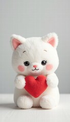 Adorable plush cat holding a red heart, perfect for expressing love and affection. Ideal for children's products, gifts, and sentimental marketing.