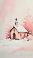 Christmas landscape with small simple chapel