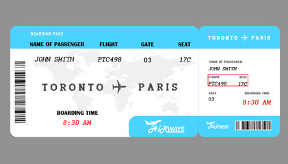 Airline ticket. Boarding pass with information on grey background