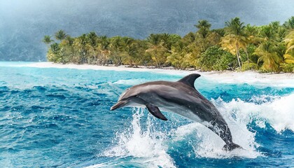Obraz premium Dolphins Jumping out of the Ocean in a Tropical Paradise