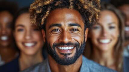 Smiling group portrait with diverse individuals.