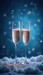 Celebrate special moments with elegant champagne flutes amidst a dreamy winter backdrop. Perfect for festive events, weddings, and luxury marketing.