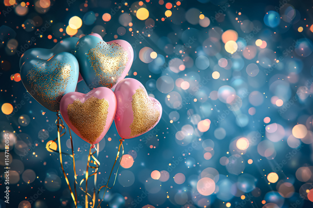 Poster bunch of balloons with hearts on them are floating in the air. the balloons are of different colors 