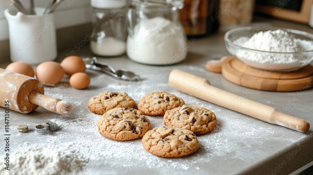 Poster freshly baked cookies cooling on a kitchen countertop with rolling pin and baking ingredients in the