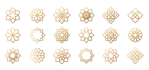Collection of Arabic oriental floral vector elements. Traditional golden arabesque icons, ornaments and patterns. Abstract flower symbols and logos in ornamental Islamic style.