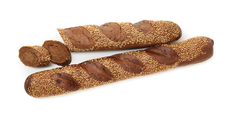 Fresh baguettes with sesame isolated on white, top view