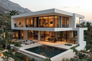 Modern luxury villa with swimming pool surrounded by lush natural greenery