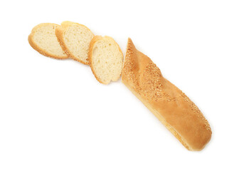 Cut fresh baguette with sesame isolated on white, top view