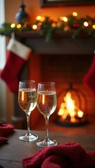 Celebrate the warmth of the holiday season with sparkling drinks by the fireplace. Perfect for festive promotions, greeting cards, or cozy winter gatherings.