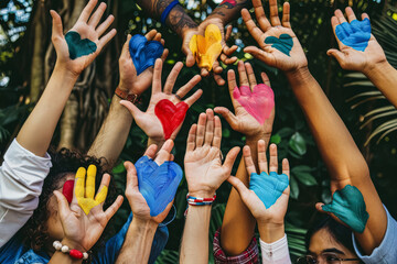 Group of people are holding up painted hearts on a colorful wall. Concept of unity and love, as the people are working together to create a beautiful piece of art. The vibrant colors of the wall