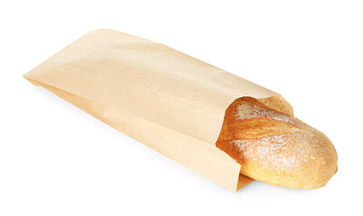 Freshly baked baguette in paper bag isolated on white