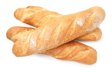 Three freshly baked baguettes isolated on white, top view