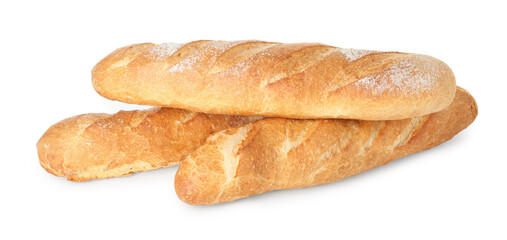 Three freshly baked baguettes isolated on white