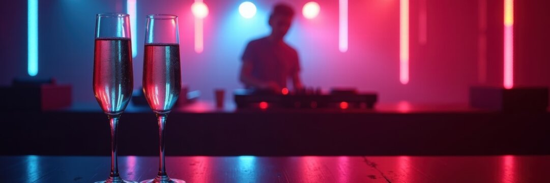 Celebrate nightlife with sparkling drinks and vibrant DJ vibes, perfect for events, parties, and promotional content in the entertainment industry.