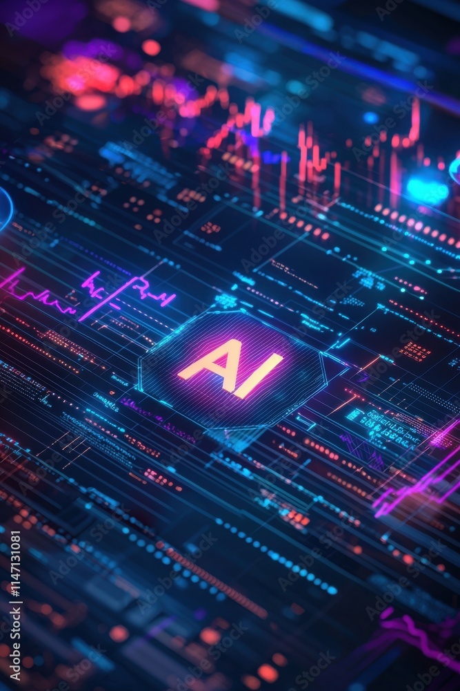 Poster futuristic artificial intelligence interface with vibrant digital graphics and glow effects
