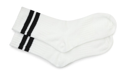 Pair of soft socks isolated on white, top view