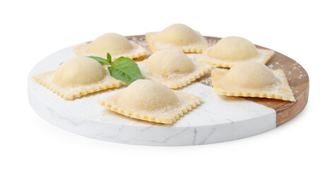 Delicious ravioli with cheese and basil isolated on white