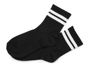 Pair of soft socks isolated on white, top view