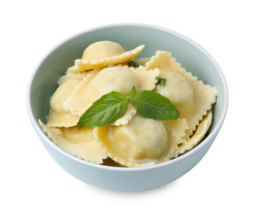 Delicious ravioli with cheese and basil in bowl isolated on white