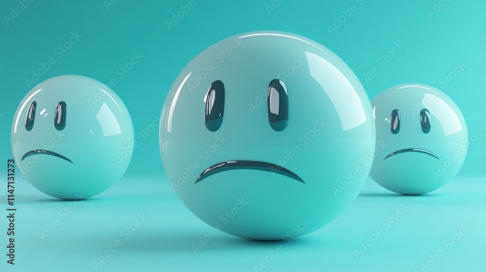 Poster three glossy teal spheres with sad expressions, creating a whimsical and playful atmosphere.