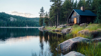 Fototapeta premium A cozy log cabin stands quietly beside a calm lake, encircled by a lush evergreen forest, evoking a sense of peace, retreat, and connection to nature.