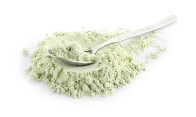 Spoon and dry wasabi powder isolated on white