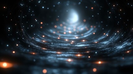 Obraz premium Galaxy spiral with glowing stars and cosmic dust swirling in deep space background for science, astronomy, technology themes with dark blue, black, and orange light effects, futuristic mood