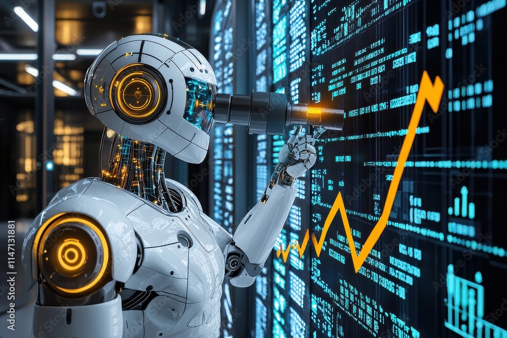 Poster futuristic robot engaging with digital data in a corporate environment