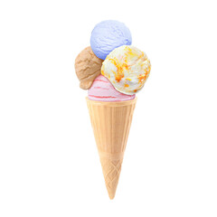 Ice cream scoops in waffle cone on white background. Chocolate, strawberry, mango and blueberry flavors