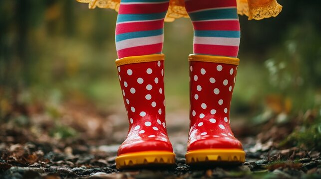 A young girl wearing colorful striped tights and red polka dot rain boots enjoys a rainy day on a forest path.
