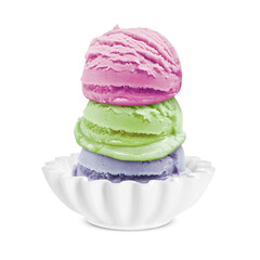 Ice cream scoops in bowl on white background. Raspberry, kiwi and blueberry flavors