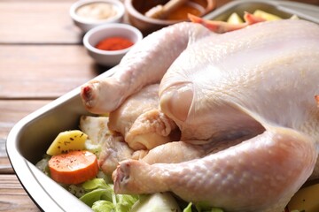 Raw turkey with different vegetables and spices on wooden table, closeup