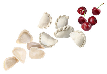 Raw and cooked dumplings (varenyky) and cherries in air on white background