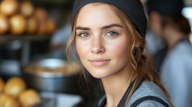 Young woman barista with brown hair and blue eyes smiling in coffee shop behind counter holding steaming cup, perfect for cafe advertisement, friendly atmosphere, warm lighting, cozy ambiance