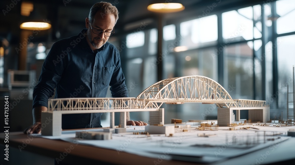Aufkleber civil engineer examines detailed bridge model in modern design studio during creative afternoon. gen