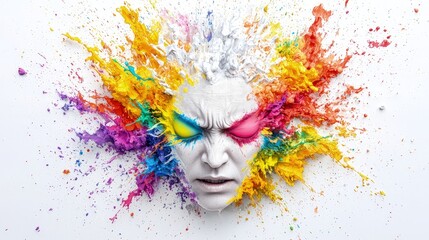 Colorful paint explosion forming a human face.