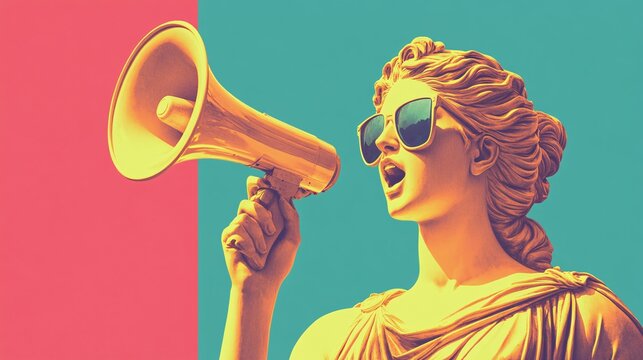A female statue with sunglasses passionately speaks into a megaphone, contrasting bold colors create a vibrant mood.