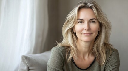 Naklejka premium A smiling Caucasian woman with long, blond hair, sits comfortably on a sofa, exuding warmth and confidence in a softly lit room.