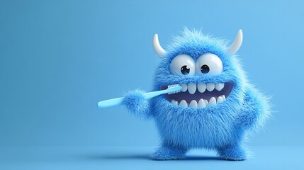 Obraz premium A cheerful blue furry monster with big eyes happily brushing its teeth, showcasing a playful and vibrant atmosphere.