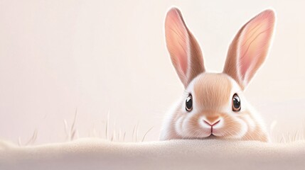 Obraz premium A cute cartoon rabbit peeks over a soft surface, its large expressive eyes capturing attention with an adorable appearance.