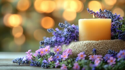 Lavender flowers with soft yellow candle burning on burlap cloth, relaxing spa ambiance, aromatherapy, wellness, natural decor, calm mood background with bokeh lights, soothing home setting