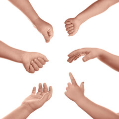 Kids showing hands on white background, closeup