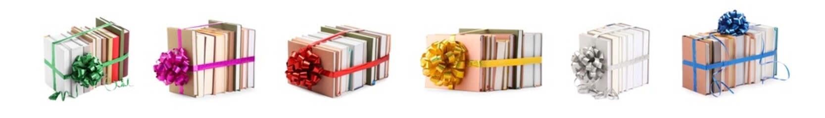 Stacked books decorated with bows isolated on white. Nice holiday gift