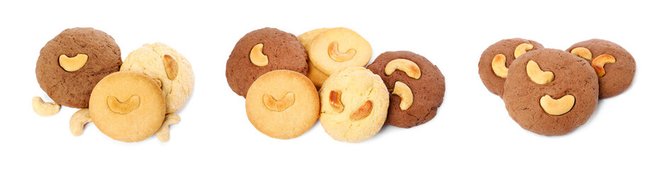 Tasty cookies with cashew nuts isolated on white, set