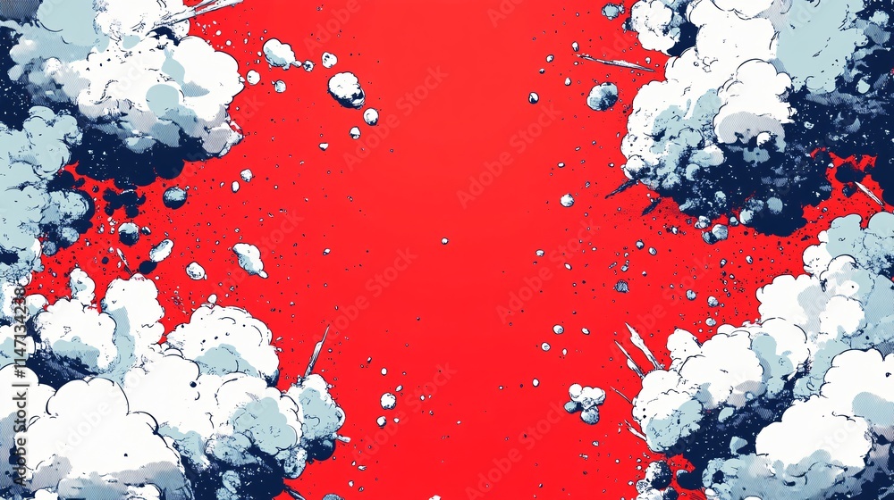 Aufkleber dynamic explosion effect with billowing clouds against a vibrant red background.