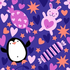 Valentine love hearts seamless 14 February penguin pattern for wrapping paper