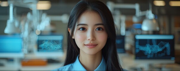 Young woman in tech-focused setting with futuristic digital displays