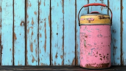 Old pink vintage metal thermos with red handle standing on wooden surface, rustic retro kitchen accessory for picnic or camping, blue distressed wooden wall background, warm natural light cozy mood