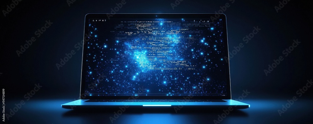 Aufkleber futuristic digital laptop illustration with glowing holographic interface and programming code