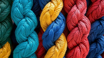 Colorful braided ropes in vibrant turquoise, yellow, blue, and red shades, creating a visually striking pattern.
